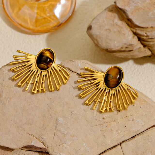 Vintage fan shape natural stone inlaid stainless steel earrings