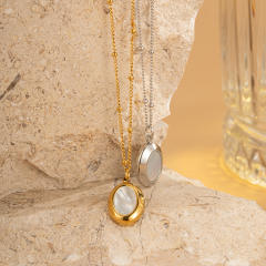 Simple oval shape opal stone pendant stainless steel necklace
