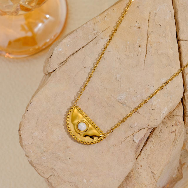 Vintage semi circle natural stone inlaid stainless steel necklace