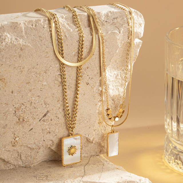 Simple multi layer mother shell block pendant stainless steel necklace