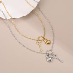 Dainty key padlock heart pendant stainless steel necklace