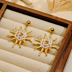Vintage handmade pearl bead sun stainless steel earrings
