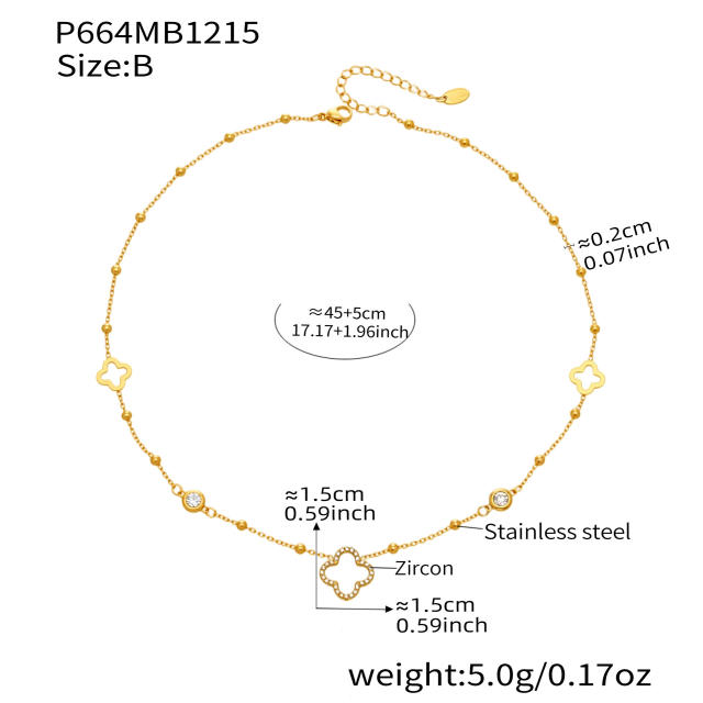 18KG diamond clover hollow out flower stainless steel necklace dainty necklace