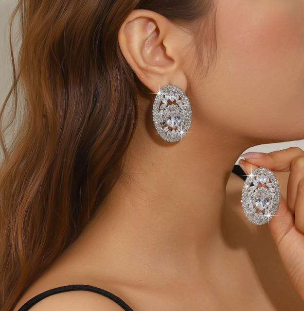 Exaggerated Earrings for Women Shiny Rhinestone Oval Crystal Earrings