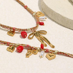 18KG red color rope braid chain stainless steel charm bracelet necklace set