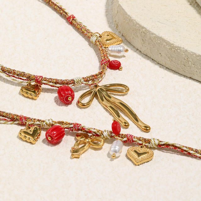 18KG red color rope braid chain stainless steel charm bracelet necklace set