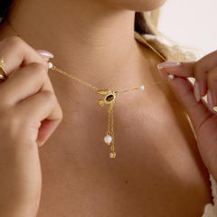Vintage natural stone inlaid bird stainless steel necklace Y shape necklace