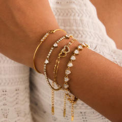 Classic diamond heart to heart two thin chain stainless steel bracelet