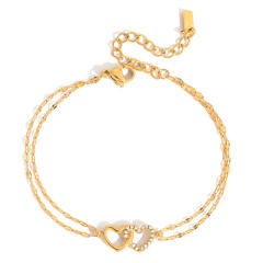 Classic diamond heart to heart two thin chain stainless steel bracelet