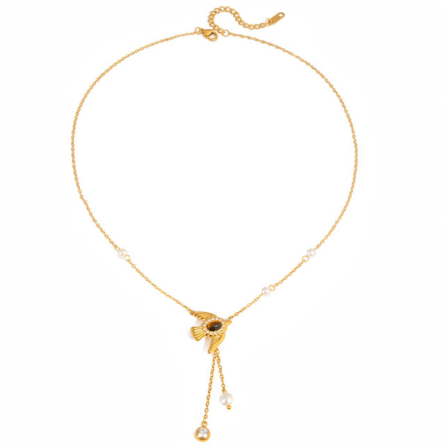 Vintage natural stone inlaid bird stainless steel necklace Y shape necklace