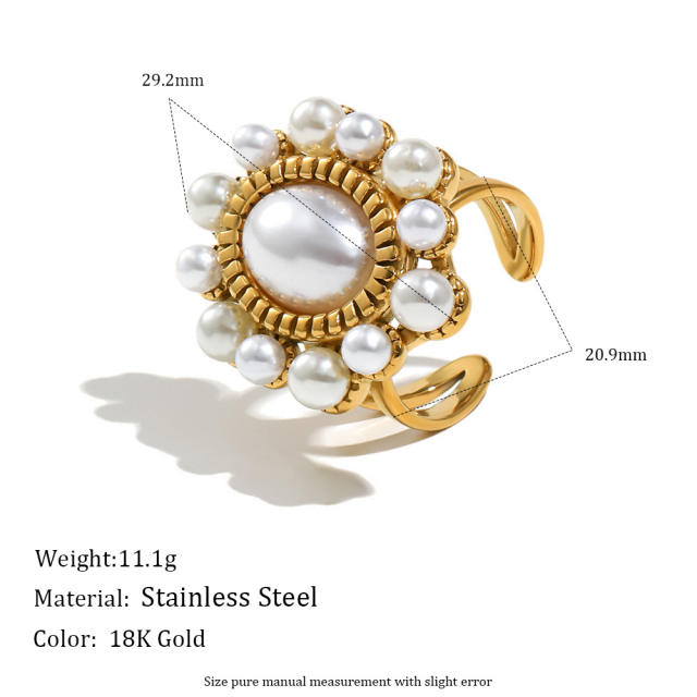 18KG oval imitation pearl bead stainless steel rings