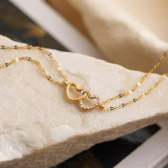 Classic diamond heart to heart two thin chain stainless steel bracelet