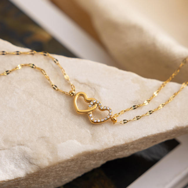 Classic diamond heart to heart two thin chain stainless steel bracelet