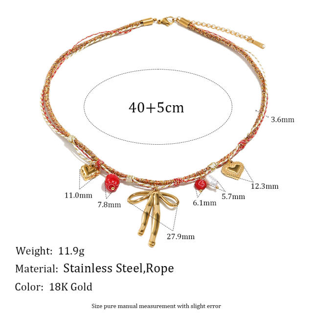 18KG red color rope braid chain stainless steel charm bracelet necklace set