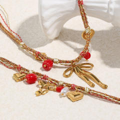 18KG red color rope braid chain stainless steel charm bracelet necklace set