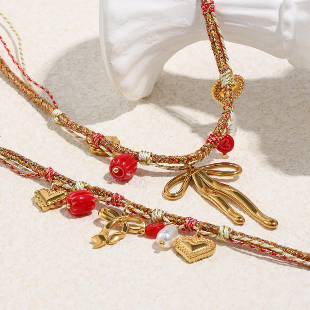 18KG red color rope braid chain stainless steel charm bracelet necklace set