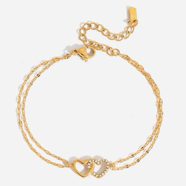 Classic diamond heart to heart two thin chain stainless steel bracelet