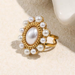 18KG oval imitation pearl bead stainless steel rings