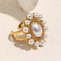 18KG oval imitation pearl bead stainless steel rings