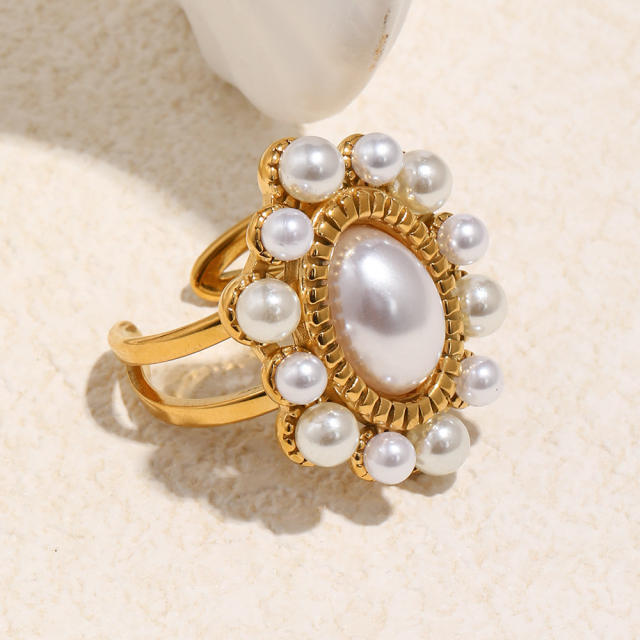 18KG oval imitation pearl bead stainless steel rings