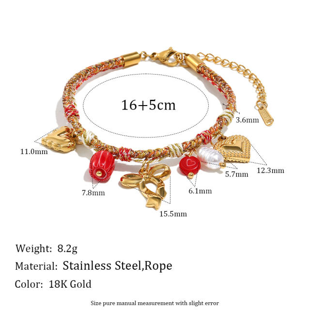 18KG red color rope braid chain stainless steel charm bracelet necklace set