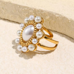 18KG oval imitation pearl bead stainless steel rings