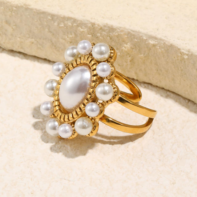 18KG oval imitation pearl bead stainless steel rings