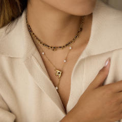 Vintage natural stone inlaid bird stainless steel necklace Y shape necklace