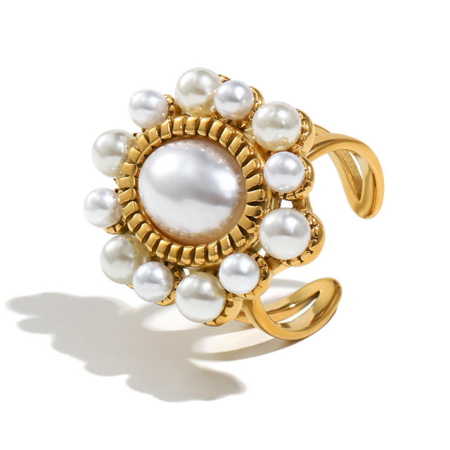 18KG oval imitation pearl bead stainless steel rings