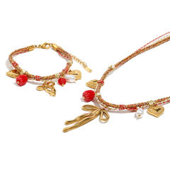 18KG red color rope braid chain stainless steel charm bracelet necklace set