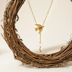 Vintage natural stone inlaid bird stainless steel necklace Y shape necklace