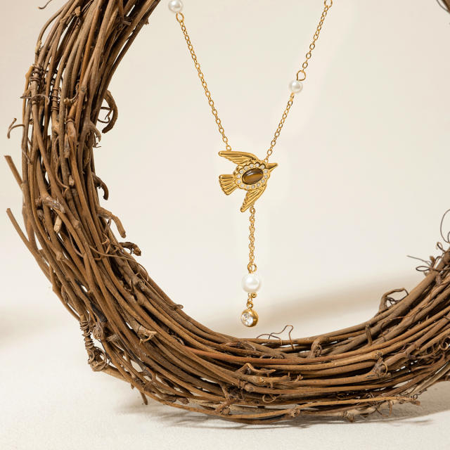 Vintage natural stone inlaid bird stainless steel necklace Y shape necklace