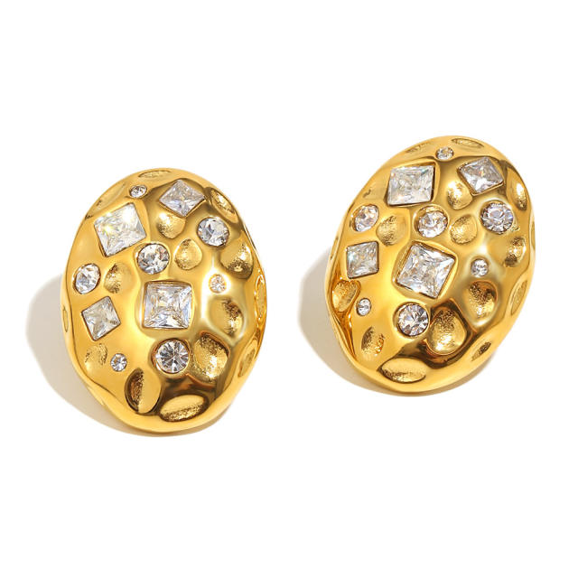 Hammer pattern oval shape cubic zircon stainless steel earrings