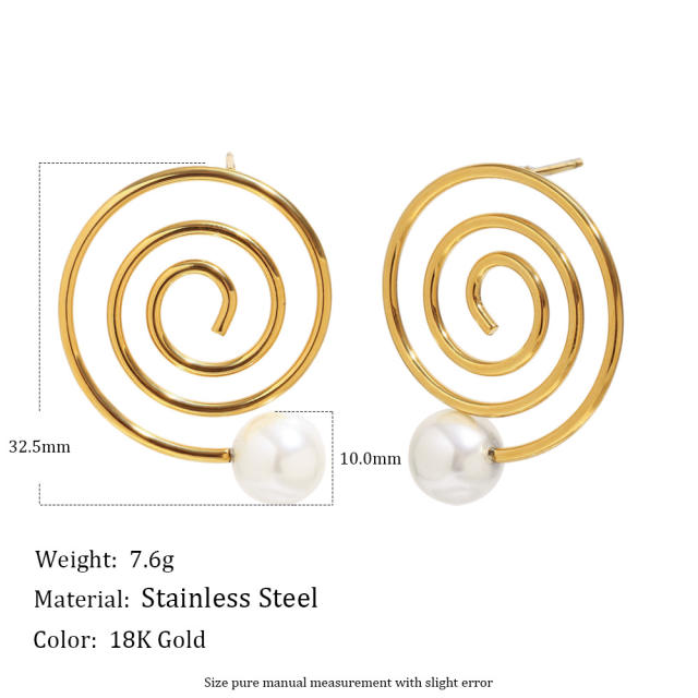 Creative Stainless Steel earrings Plated 18K Spiral Coil Imitation Pearl Earrings for Women