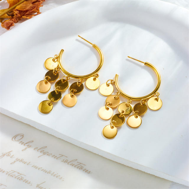 Elegant golden round tassel pendant stainless steel earrings