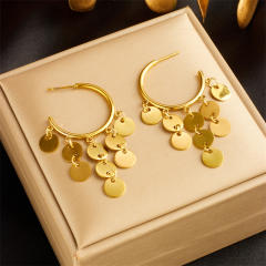 Elegant golden round tassel pendant stainless steel earrings