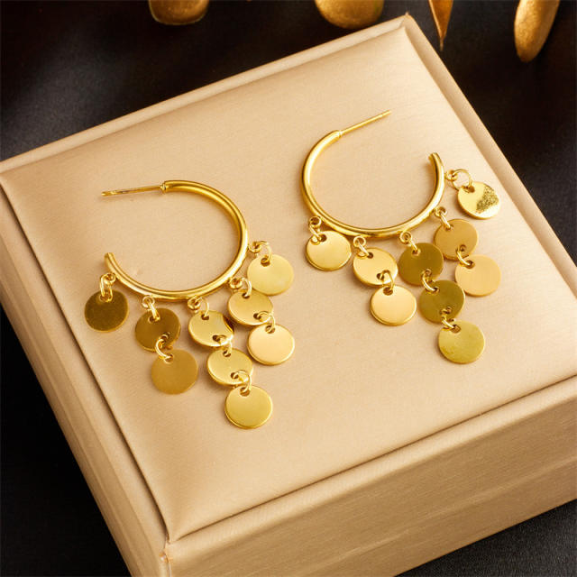 Elegant golden round tassel pendant stainless steel earrings