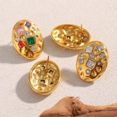 Hammer pattern oval shape cubic zircon stainless steel earrings