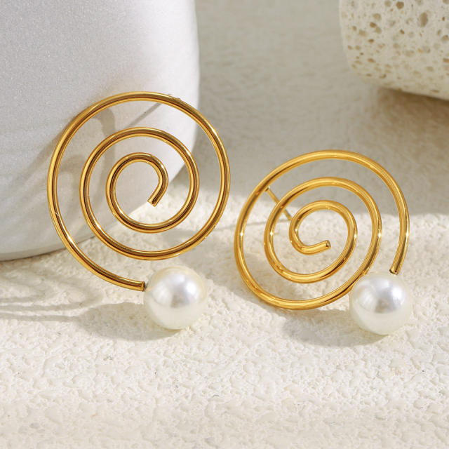 Creative Stainless Steel earrings Plated 18K Spiral Coil Imitation Pearl Earrings for Women