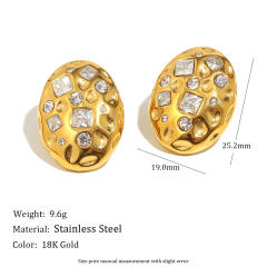 Hammer pattern oval shape cubic zircon stainless steel earrings