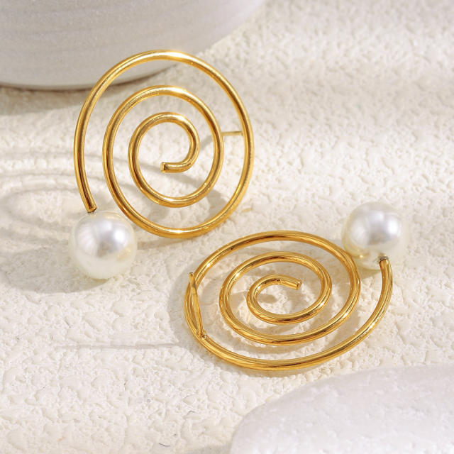 Creative Stainless Steel earrings Plated 18K Spiral Coil Imitation Pearl Earrings for Women
