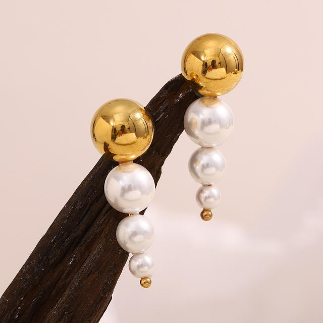 Hot sale gold color ball pearl bead stainless steel earrings