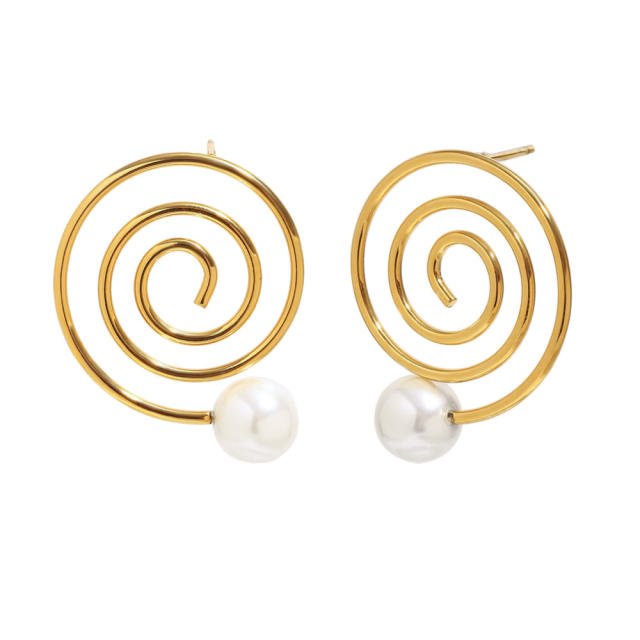 Creative Stainless Steel earrings Plated 18K Spiral Coil Imitation Pearl Earrings for Women