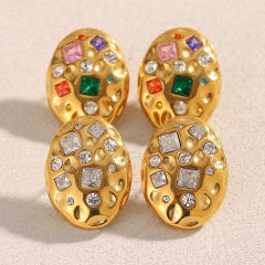 Hammer pattern oval shape cubic zircon stainless steel earrings