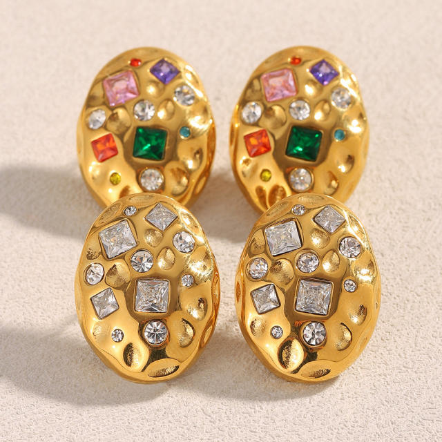 Hammer pattern oval shape cubic zircon stainless steel earrings