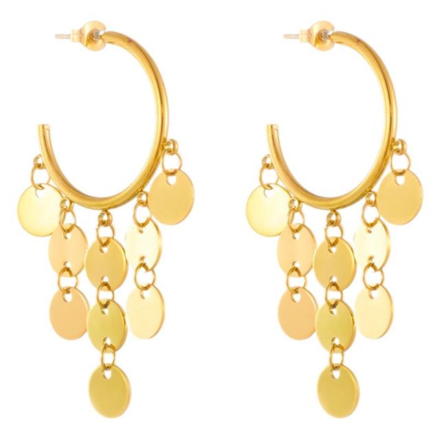 Elegant golden round tassel pendant stainless steel earrings