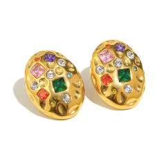 Hammer pattern oval shape cubic zircon stainless steel earrings