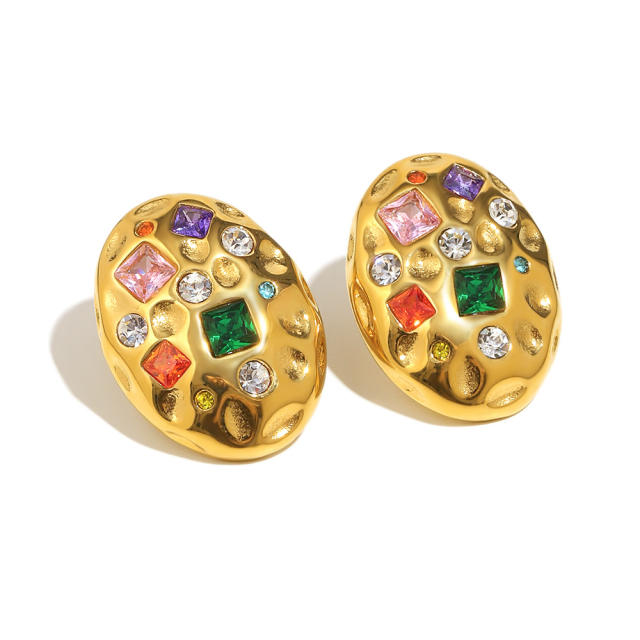 Hammer pattern oval shape cubic zircon stainless steel earrings