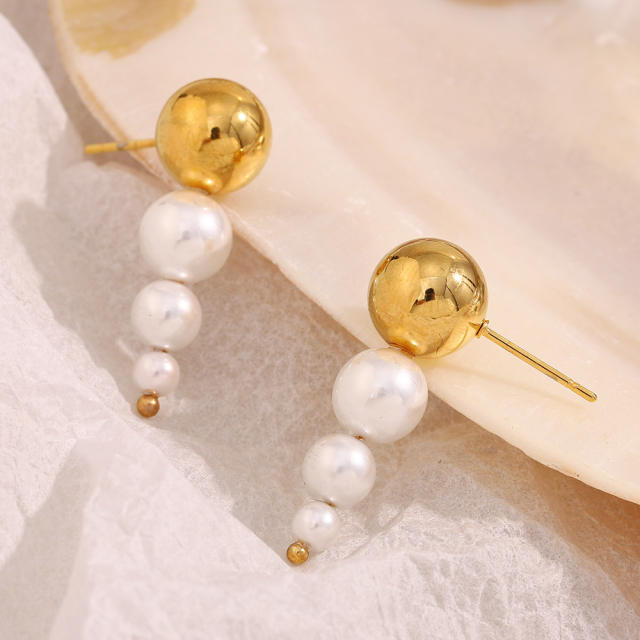 Hot sale gold color ball pearl bead stainless steel earrings