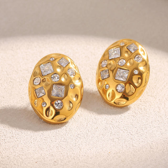 Hammer pattern oval shape cubic zircon stainless steel earrings